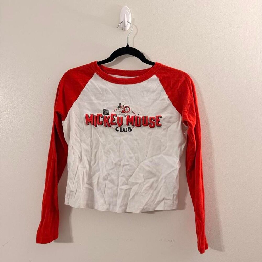 Disney 100 Mickey Mouse Club red white raglan crop tee, Size L 🐭
